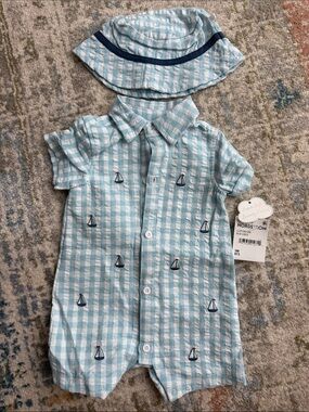 Little Me Baby Blue & White Seersucker Sailboat Romper with Matching Sun Hat